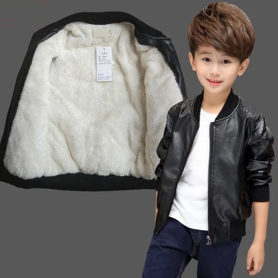 Boys Coats Autumn Winter Fashion Children-s Plus Velvet - No Velvet Two styles Warming Cotton PU Leather Jacket For 1-11Y Kids