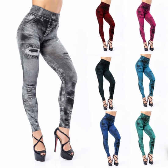 2023 Sexy Astic Imitation Jeans Leggings Women Stretch High Waist Pants Fitness Slim Push Up Leggings For Women Summer Breeches