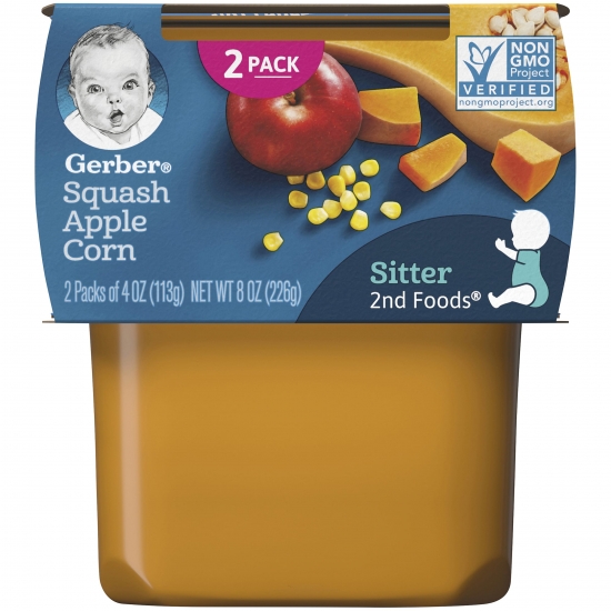 (Pack of 16) Gerber 2nd Foods Squash Apple Corn Baby Food, 4 oz Tubs