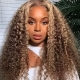 Ombre Highlight Glueless Lace Front Wig Curly Hair Human Hair Water Wave Lace Front Wig 180% High Density Highlight Color 34Inch