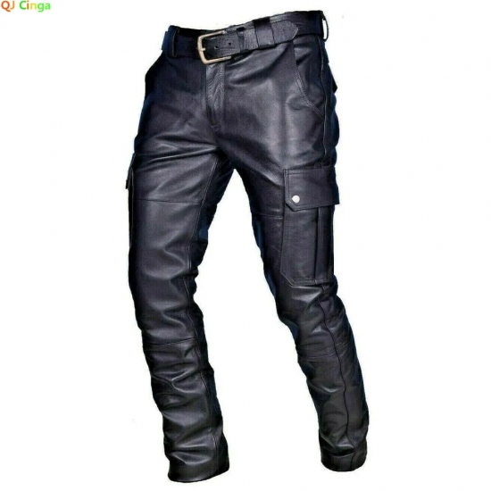Men-s Leather Motorcycle Pants with Cargo Pockets, Black, PU Pants  No Belt, Men Trousers Big Size S-5XL