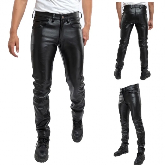 2023Men Leather Pants Slim PU Leather Trousers Fashion Elastic Motorcycle Leather Pants Waterproof Oil-Proof Male Bottoms