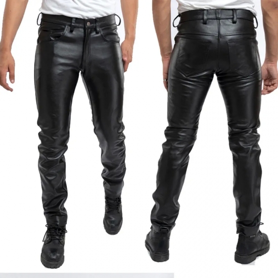 2023Men Leather Pants Slim PU Leather Trousers Fashion Elastic Motorcycle Leather Pants Waterproof Oil-Proof Male Bottoms