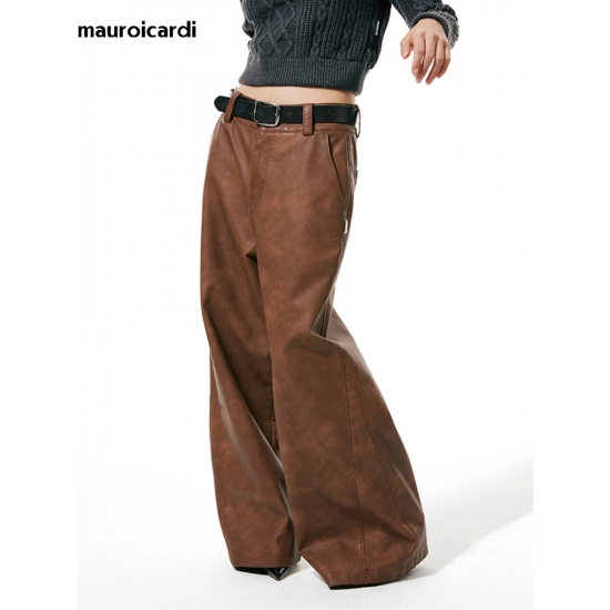Mauroicardi Spring Autumn Long Loose Casual Brown Pu Leather Pants Men Wide Leg LUxury Designer Unisex Trousers Fashions 2023