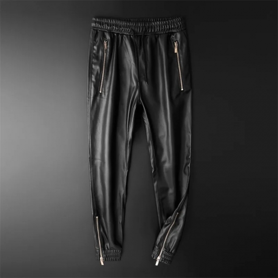 Men-s Leather Pants Superior Quality Elastic Waist Jogger Pants PU Leather Motorcycle Trousers Biker-s Pants