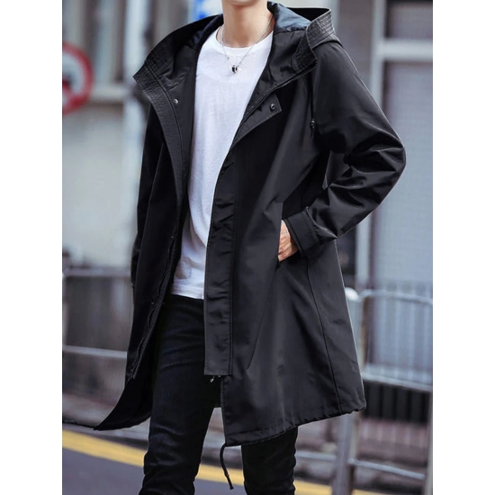Spring Autumn Long Trench Coat Men Fashion Hooded Windbreaker Black Overcoat Casual Jackets