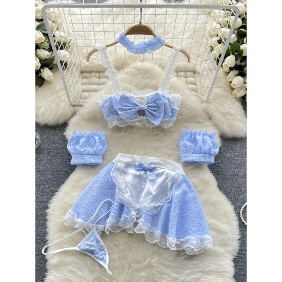 Maidservant Apron Dress Ladies Lace Sweet Erotic Three Pieces Sets Fashion Korean Style Plaid Cosplay Sexy Night Suits