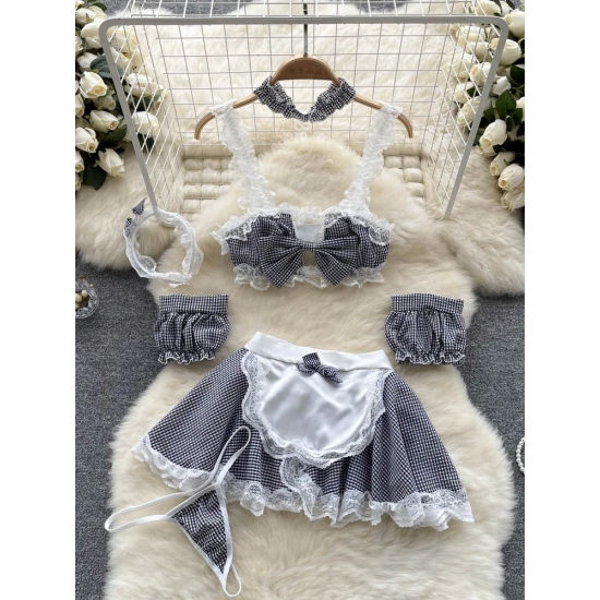 Maidservant Apron Dress Ladies Lace Sweet Erotic Three Pieces Sets Fashion Korean Style Plaid Cosplay Sexy Night Suits