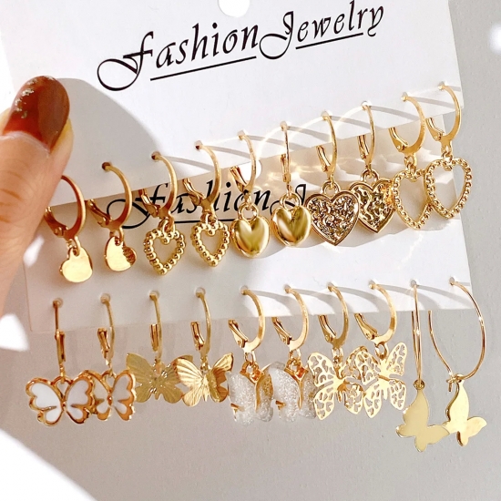 10pcs Women Earrings New Creative Simple Fashion Temperament Hollowed-out Butterfly Love Earrings Gold-color Earrings
