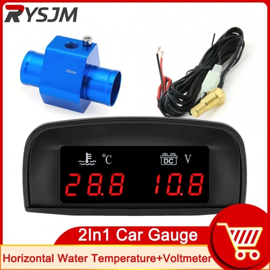 HD Automobile 2-in-1 LCD Instrument Horizontal Celsius Water Temperature Gauge Voltmeter Red Light Digital Instrument DC 12V~24V