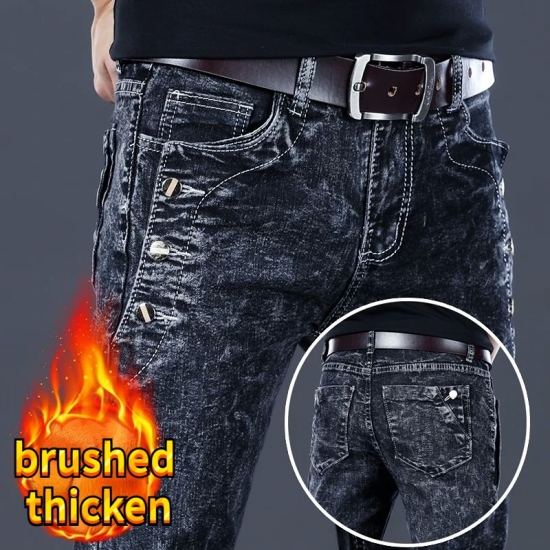 Autumn Winter Brushed Cowboy Luxury Slim Designer Clothes Male Korean Style Denim Skinny Plush Grey Jean Pants Trousers for Men
