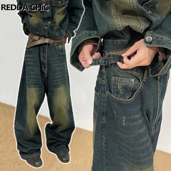 REDDACHiC 90s Retro Skater Oversized Pants Men Green Wash Adjust-waist Wide Leg Casual Brushed Baggy Jeans Y2k Hiphop Streetwear