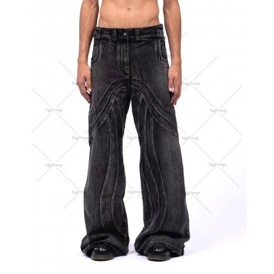 American Retro Hip Hop Stitching Black Jeans Men 2024 New Y2K Street Fashion Straight Mop Pants Punk Rock Casual Denim Trousers