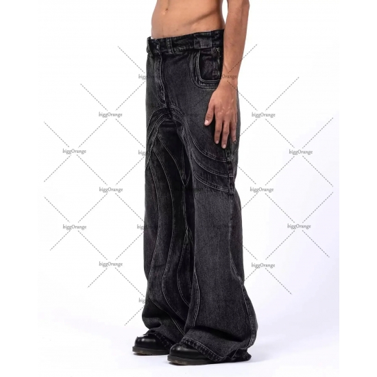 American Retro Hip Hop Stitching Black Jeans Men 2024 New Y2K Street Fashion Straight Mop Pants Punk Rock Casual Denim Trousers