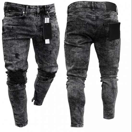 Biker Jeans Men-s Distressed Stretch Ripped Biker Jeans Men Hip Hop Slim Fit Holes Punk Jeans Zipper Pure Color Denim Pants