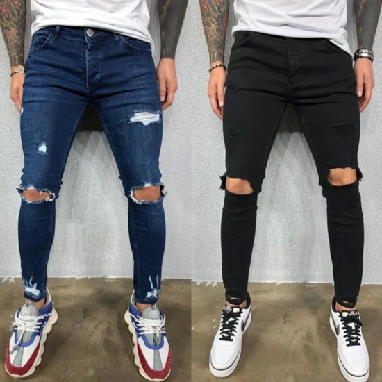 Men Jeans Knee Hole Ripped Stretch Skinny Denim Pants Solid Color Black Blue Autumn Summer Hip-Hop Style Slim Fit Trousers S-4XL