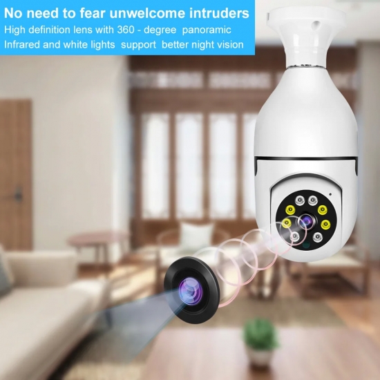 Indoor Video Surveillance Camera, Baby Monitor, Home Security Protection, Full Color, Night Vision, Auto Tracking, WiFi, Bulb, 3