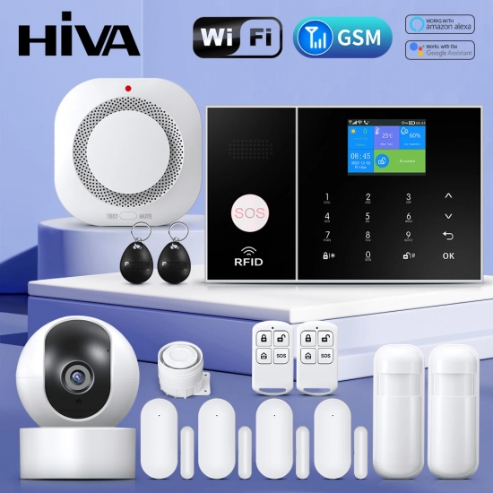 HIVA Security Alarm System for Home GSM Wifi Tuya Smart Life App Control Burglar Alarm Kit with PIR Door Sensor work with Alexa
