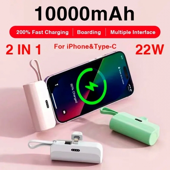 10000mAh Mini Power Bank 2 IN 1 Fast Mobile Phone Charger External Battery Power Bank Plug Play Type-C For iPhone Samsung Huawei