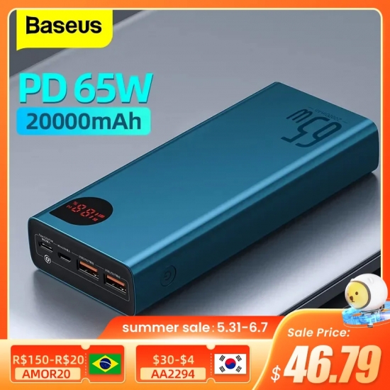 Baseus 65W Power Bank 20000mAh Portable Charging Powerbank Mobile Phone External Battery PD QC 3-0 Charger 22-5W Poverbank 20000