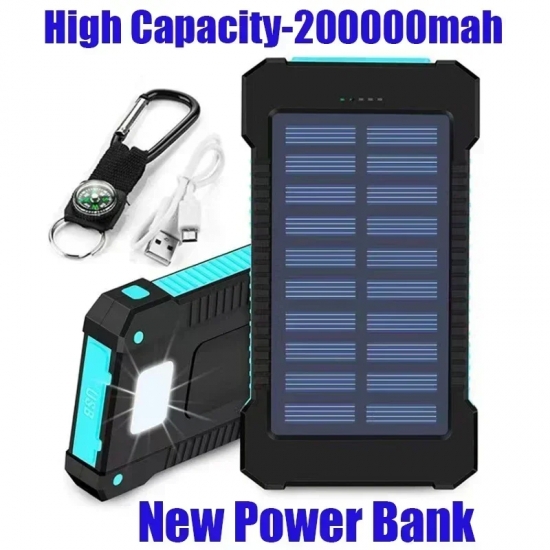 200000mAh Solar Power Bank LEDSOS Flashlight FAST Charging External Battery Portable Waterproof Powerbank for Smart Mobile Phone