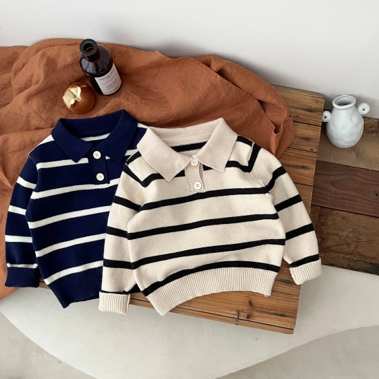 Spring And Autumn Newborn Baby Girls Baby Striped Snapback Tee Polo Shirt Simple Korean Travel Long Sleeved Fashion Soft Casual
