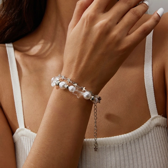 Harajuku Crystal Star Pentagram Pearl Beaded Bracelet for Women Vintage Aesthetic Charm Double Layer Chain Bracelet Jewelry Gift