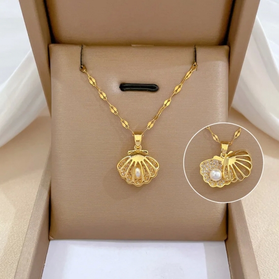 Korean Light Luxury Shell Pearl Necklace For Women Stainless Steel Micro Inlaid Zircon Love Heart Moon Choker Wedding Jewelry