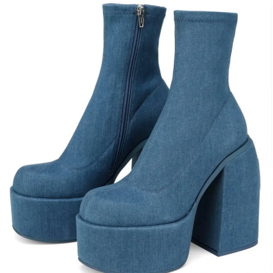 2022 Autumn Winter Round Toe Ladies Matin Boots Jeans Platform  Boots Chunky Heels Boots White Women-s Shoes Big Size 41 42