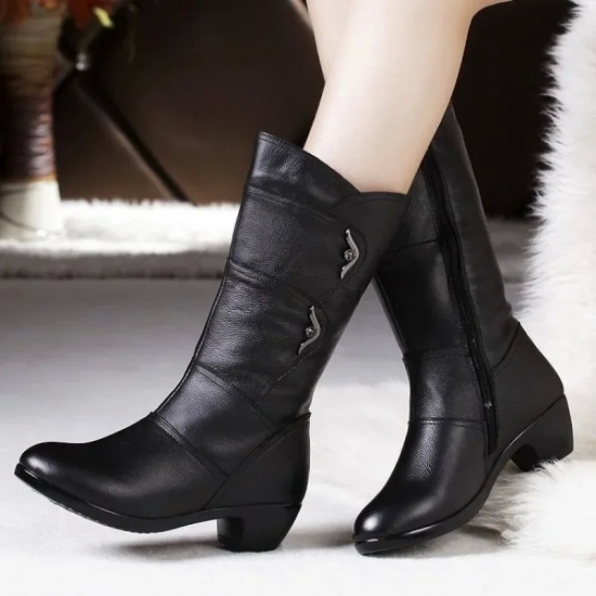 Fashion Middle Boots for Women Outdoor Anti Slip Boot Zipper Waterproof Leather Boots 2023 New Women‘s Winter Boots Botas Mujer
