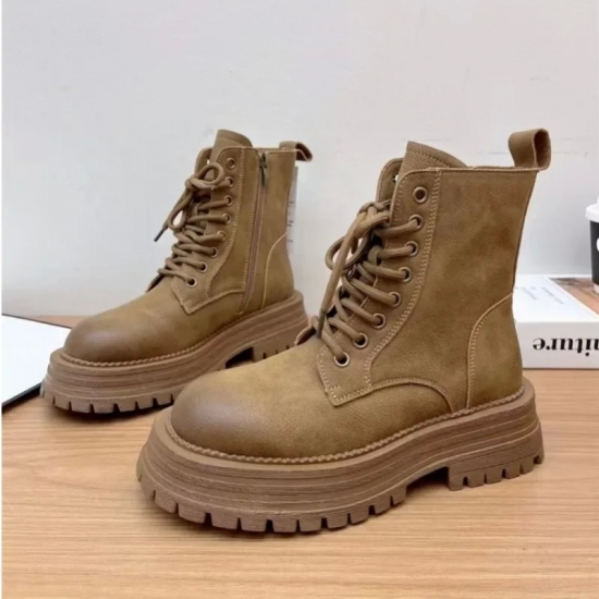 Autumn Winter 2023 New Trend Woman‘s Round Toe Lace Up Plush Footwear Boots-Women Comfortable Fur Ankle Solid Color Ladies Boots