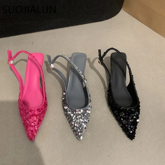 SUOJIALUN 2023 New Bling Women Sandal Fashion Pointed Toe Shallow Slip On Ladies Elegant Slingback Shoes Med Heel Pumps Shoes