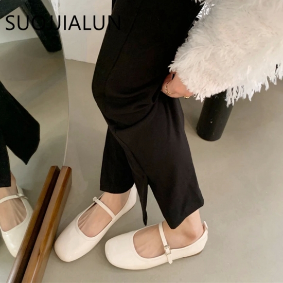 SUOJIALUN 2023 Summer New Women Mary Jane Shoes Soft Casual  Outdoor Dress Flat Ballet Shoes Round Toe Shallow Slip On Flats