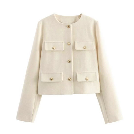 UNIZERA 2023 Winter New Product Women-s Fashion and Casual Versatile Round Neck Flip Decoration Short Suit Coat