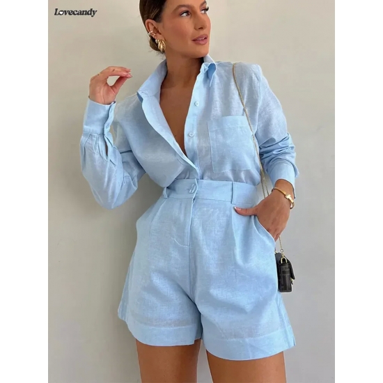 Elegant Button Pockets Short Pant Women-s Sets Fashion Lapel Long Sleeves 2 Pieces Outfit 2024 Vacation New In Matching Sets