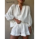 White Elastic Waist Shorts Two Piece Set For Women Commuting Long Sleeve Lace Up Shirt Suit Summer New Female High Street Outfit