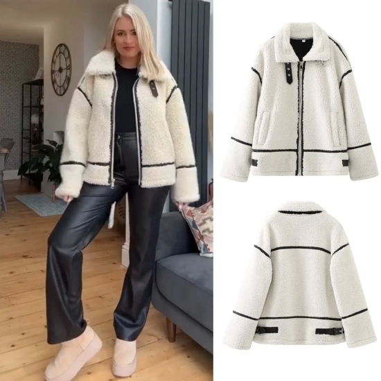 PB-amp;ZA 2023 Autumn New Women-s Wear European and American Style Casual Fur One Piece Lamb Wool Contrast Color Plush Warm Jacket C