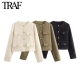 TRAF Women Fashion Autumn Winter Single-breasted Textured Round Neck Flip Pocket Short Jacket Coat Chic Ladies Tops Mujer