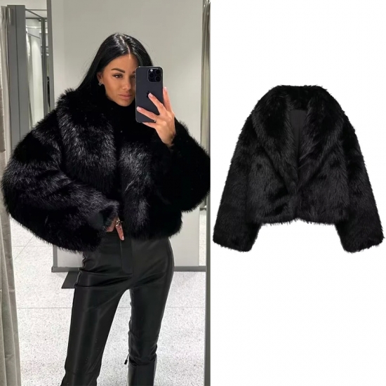TRAF Black Faux Fur Coat for Women Autumn Winter Plush Wool Coats Black Wool -amp; Blends Coats Outerwears Long Sleeve Warm Fur Coat