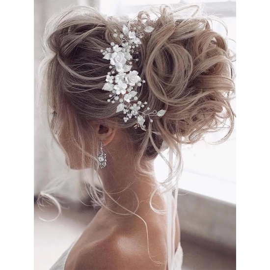 1Pc Flower Bride Wedding Hair Vine Pearl Bridal Hair Piece Leaf Hair Accessories Rhinestone Headband for Women and Girls