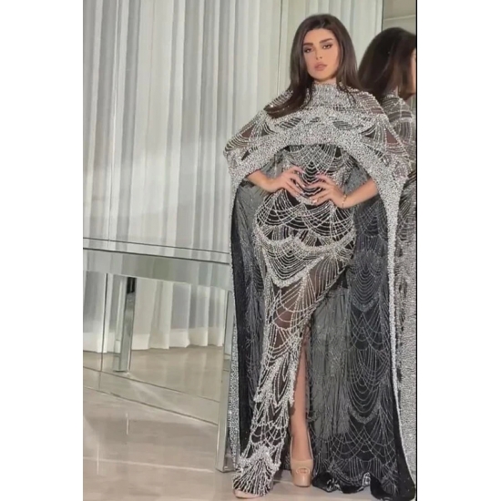 Sharon Said Luxury Pearls Dubai Champagne Evening Dresses with Cape 2024 New Arabic Women Mermaid Wedding Party Prom Dress SS369