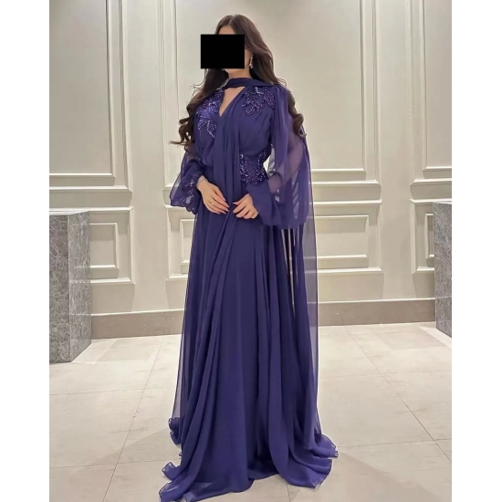 Saudi Arabia Women Evening Dresses V Neck Beaded Long Sleeves A Line Prom Dress for Evening with Wraps Wedding Guest Party Gowns
