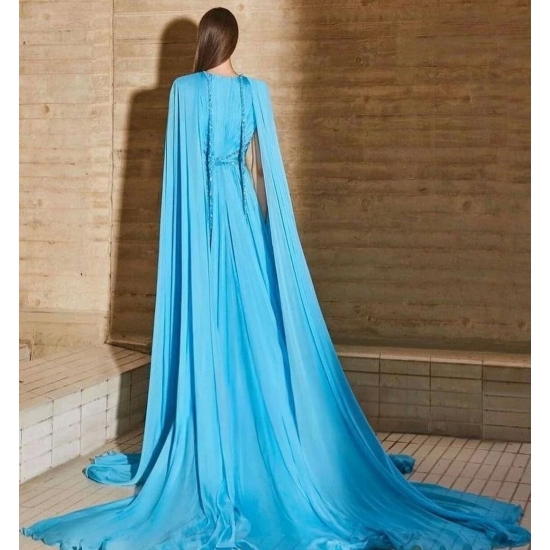 Saudi  V Neck Women Evening Dress for Wedding Party Dresses Beaded Prom Dresses Zipper Back Ruched Chiffon Long Cape