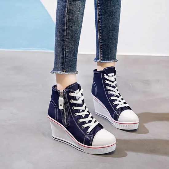 Women Hidden Wedge Invisible Heel Canvas Shoes Female Wedge Side Zipper Increased Casual High  Breathable Platform Sneakers