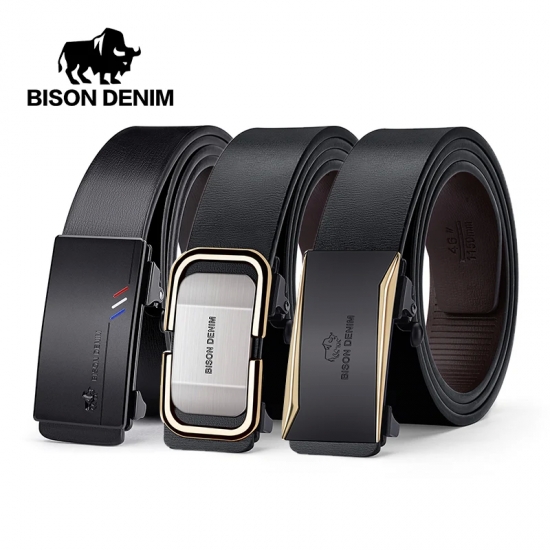 BISONDENIM Men Belts Automatic Buckle Belt Genune Leather High Quality Belts For Men Leather Strap Casual Buises for Jeans
