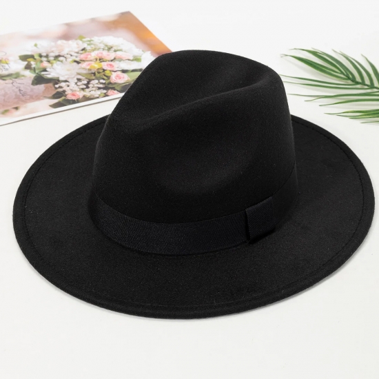 Autumn and winter men and women-s new large brimmed hats, fashionable woolen jazz hats, English style top hats