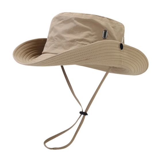 Windproof Men Outdoor Hat Wide Brim Flat Top Men Camping Hat Letter Print Anti-UV Strap Hollow Out Men Fisherman Hat Headwear
