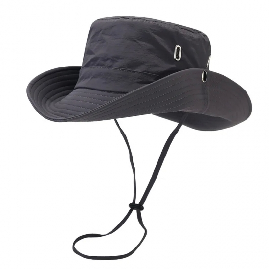 Windproof Men Outdoor Hat Wide Brim Flat Top Men Camping Hat Letter Print Anti-UV Strap Hollow Out Men Fisherman Hat Headwear