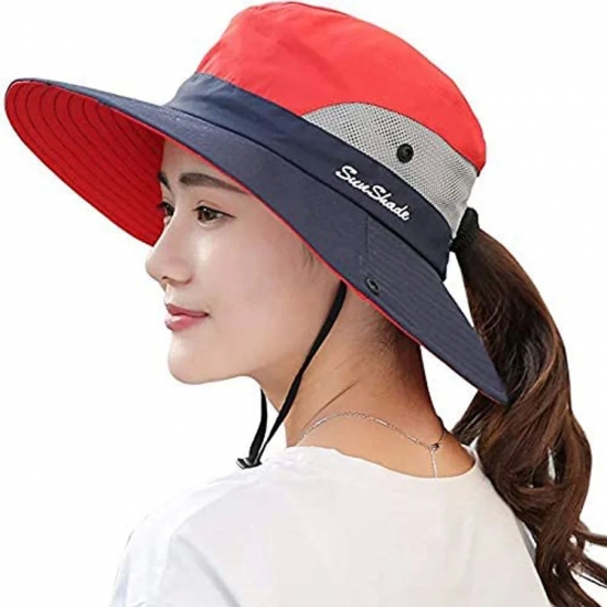Women-s Ponytail Sun Hat UV Protection Adjustable Foldable Mesh Wide Brim Colorblock Fishing Hat 1PCS