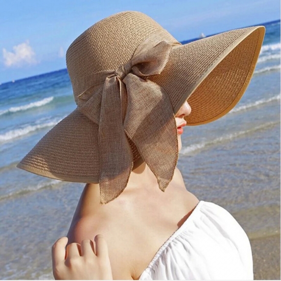 Summer Women Straw Hat Bowknot Wide Brim Floppy Panama Hats Female Lady Outdoor Foldable Beach Sun Cap